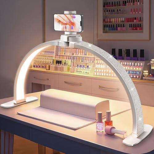 Nail Half Moon Light: Arch Rhinestone LED 29in Moonlight with Phone Holder Stand 3 Light Colors /10 Brightness Levels - Professional Nail Salon Esthetician Media Tech(Diamond,Large)