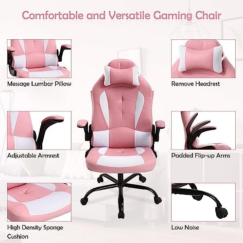 Office Gaming Chair, High Back PU Leather Racing Chair, Comfortable Big and Tall, Height Adjustable Heavy Duty With Headrest & Lumbar Support (Pink)