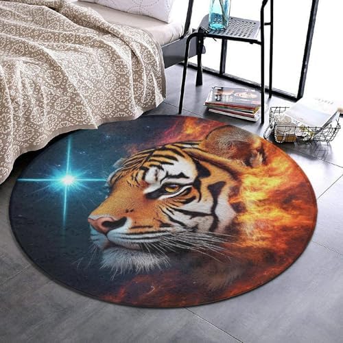 Room Sofa Yoga Soft Round Carpet, Home Decor Non Slip Kitchen Office Circle Rug, Machine Washable Modern Round Area Rug Space Fire Flame Animal King Wild Angry Tiger, 24inch