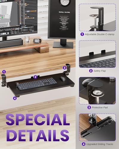 Ergonomic Mouse & Keyboard Tray Under Desk, 20x11.8 in Board, Black