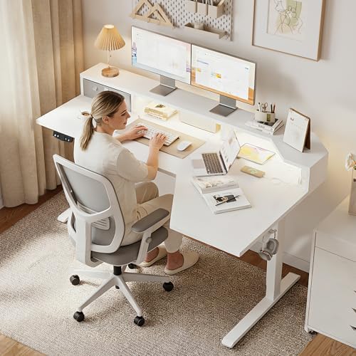 Agilestic 63*35 Inch L Shaped Standing Desk with Shelf & Led& Outlet, White