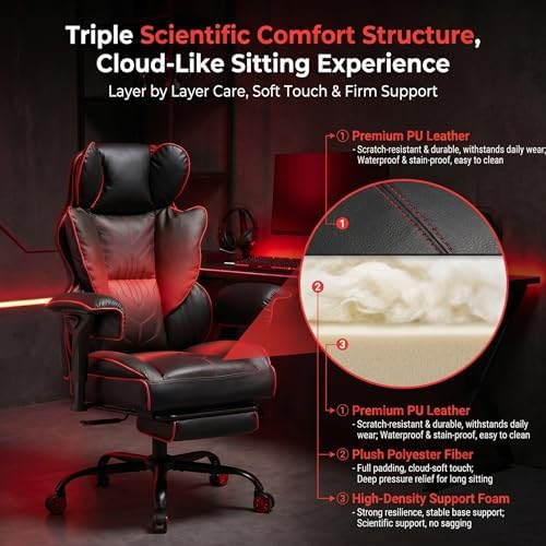 Big and Tall Gaming Office Chair 400lbs - Heavy Duty Ergonomic Computer Desk Chair with Footrest, Adjustable Armrests, High Back PU Leather with Racing Style (Black/Red)