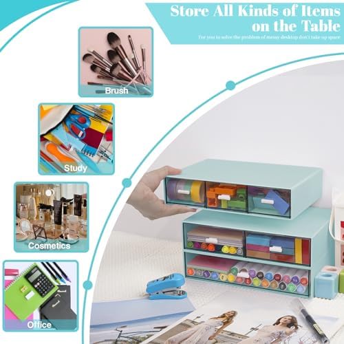 3 Tier Stackable Desk Organizer with 6 Drawers, YOCOMEY Plastic Desktop Storage Box Drawers, Detachable Makeup Storage Office Stationery Supplies Organizer for Office School(New Green)
