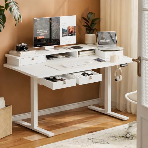 Grandder Electric Standing Desk with Four Drawers, Sit to Stand Up Height Adjustable Desk with Storage Shelf for Home Office, 47 * 28 Inch, Study, Ergonomic Adjustable Computer Desk, White