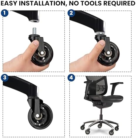 Office Chair Wheels - Set of 5 Rollerblade-Style Caster Wheels, Smooth & Quiet Rolling, Protects Hardwood Floors & Carpets, Universal Fit, Durable and Long-Lasting - Black