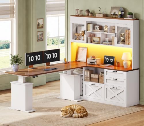 SEDETA 69" L Shaped Standing Desk with 4 Drawers, Detachable Bookshelf