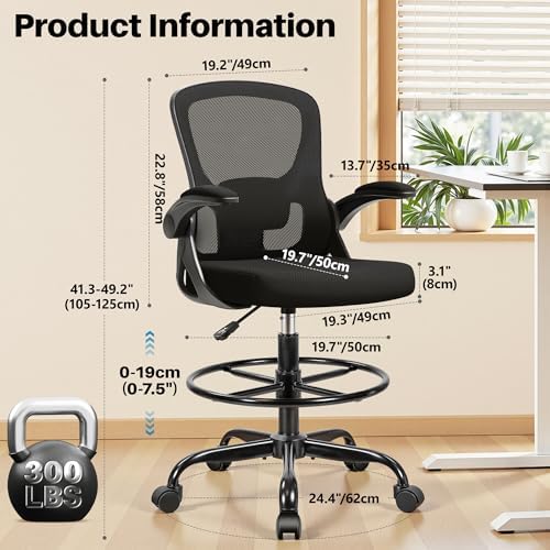 Drafting Chair Tall Office Chair for Standing Desk - Ergonomic Computer Work Stool with Flip-up Arms, Foot Ring & Adjustable Lumbar Support. Ideal for Studio, Artist, Engineer, & Study (Black)