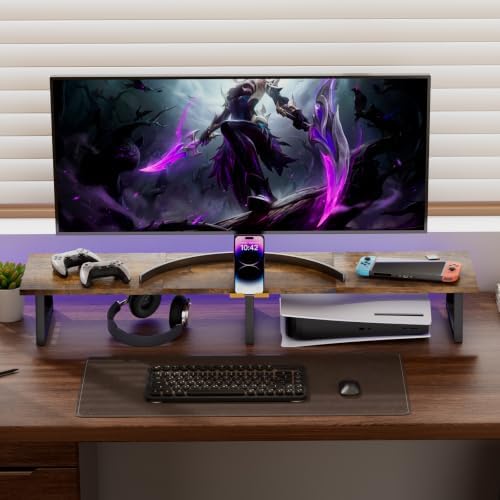 TEAMIX 42 inch Dual Monitor Stand with Storage Drawer & Phone Holder, Brown