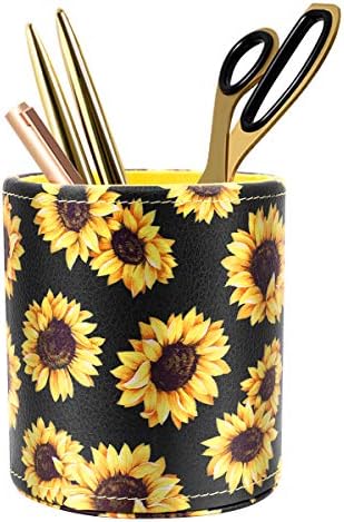 Round Leather Pen Holder for Desk, Sunflower