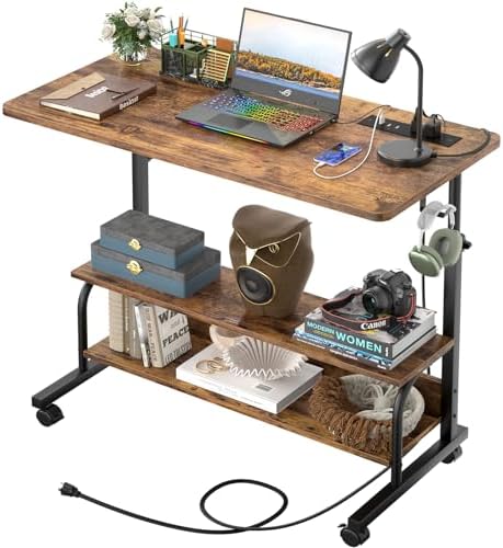 Besiost 32" Height Adjustable Standing Desk with Power Outlets - Manual Rolling Stand Up Desk with Wheels Small Portable Computer Desk Mobile Laptop Table with Storage Shelves for Home Office, Rustic