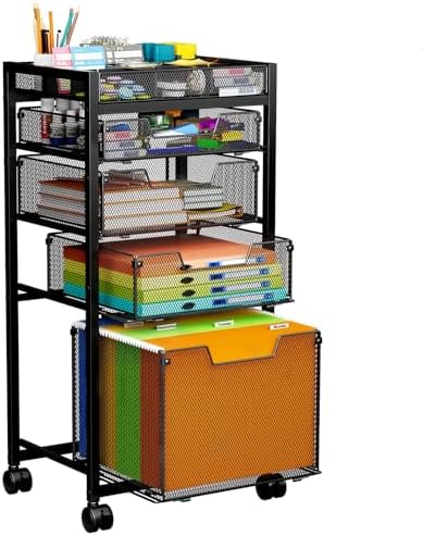 Rolling File Cart with 4 Storage Drawers, Under Desk Organizer with DIY Divider, Moblie Filing Cabinet on Wheels, Fits A4/Letter Size, Metal Utility Cart for Home Office, Black