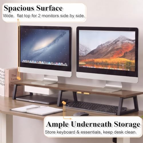 TEAMIX 42 inch Dual Monitor Stand with Storage Drawer & Phone Holder, Brown
