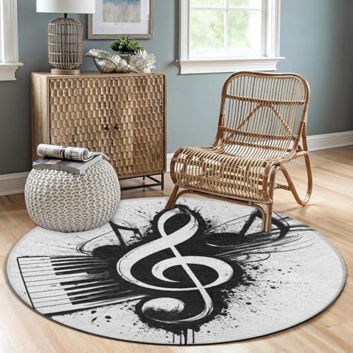 Women's Large Home Decor Mat, Soft Round Yoga Carpet, Non Slip Machine Washable Home Office Circle Rug Abstract Music Note Piano
