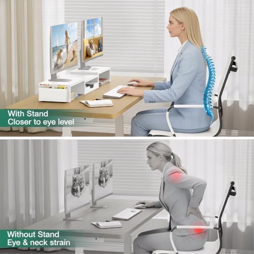 OPNICE Desk Organizer and Accessories, Computer Monitor Stand Riser with Drawer and 2 Pen Holders, Laptop Stand, Office Desk Accessories for Office Supplies, White