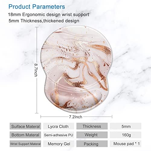 ITNRSIIET Ergonomic Mouse Pad with Gel Wrist Support Small Wrist Rest Smooth Surface Non-Slip PU Base Comfortable Office Supplies Pain Relief, 8.7 x 7.2 inches, Rose Gold Marbling