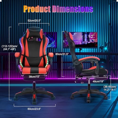 Gaming Chair with Bluetooth Speakers & Lights,Ergonomic High-Back Office Chair with Headrest & 135° Recline, 360° Swivel Height Adjustable Faux Leather Computer Chair for Gaming, Office & Study