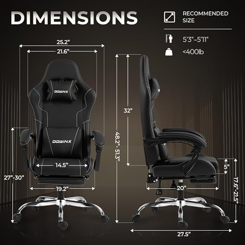 Ergonomic Gaming Chair with Footrest, Heavy Duty 330lbs Office Chair, Massage Lumbar Support, Adjustable Height & Headrest Pillow, Comfortable for Back Pain Relief, Streaming, Long Gaming, Black