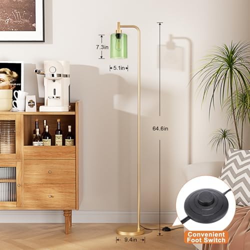 Ziisee Floor Lamps for Living Room - Industrial Standing Lamp with Green Glass Shade, Modern Gold Floor Lamp with LED Bulbs, Farmhouse Floor Lamp for Bedroom, Tall Lamp for Office