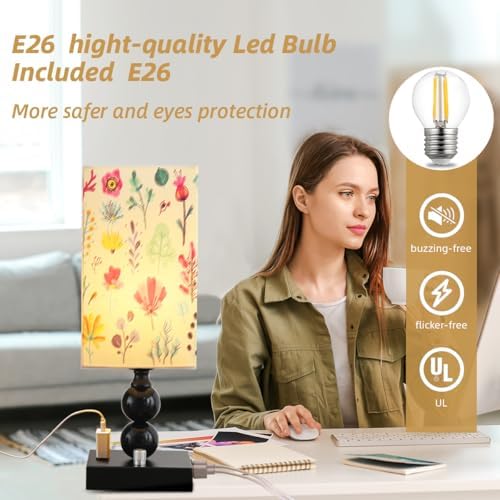 Bedside Table lamp Dimmable with Charging Station, Small end Desk Nightstand Lamps with USB Ports and outlets for Bedroom Living Room Office Reading Gifts Home Decorative LED Edison Bulb Included