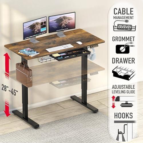 SHW 48-Inch Electric Height Adjustable Standing Desk w/Drawer, Rustic Brown