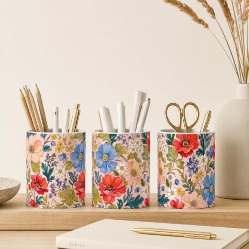 Pen Holder for Desk Ceramic Pencil Cup, Cute Makeup Brush Desk Organizer, Desk Accessories, School Supplies, Teacher Appreciation Gifts, Birthday Christmas Gift for Women (Pink-Flower)