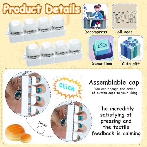 2 PCS Cute Keyboard Fidget Toy, Bread Shape Keyboard Fidget Keychain 4-in-1 Keyboard Decompression Button Finger Clicker Toys, Portable Tactile Button Sensory Fidget Toys Stress Relief Gifts (W-Bread