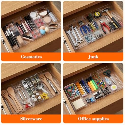 Briwooody 2 Pcs Expandable Drawer Organizer, Transparent, 11 Compartments