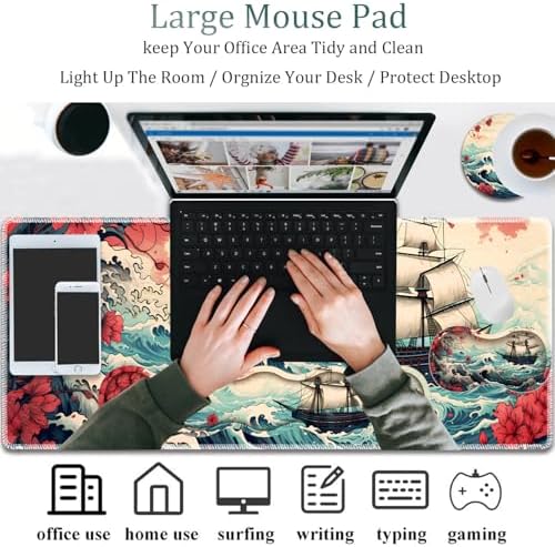 Mouse Pad Combo, Large Gaming Mouse Pad + Keyboard Wrist Support + Mouse Wrist Rest + Coaster, Table Pad 31.5 "x 11.8" with Memory Foam Ergonomic Wrist Pad Set, Pirate Ship Landscape Pattern