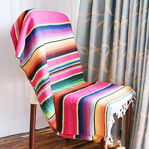 Xplanet Mexican Serape Blanket, 84 X 59 Inch, Cotton, Rectangular, Rose Pink, Tablecloth, All-Season, Tassel
