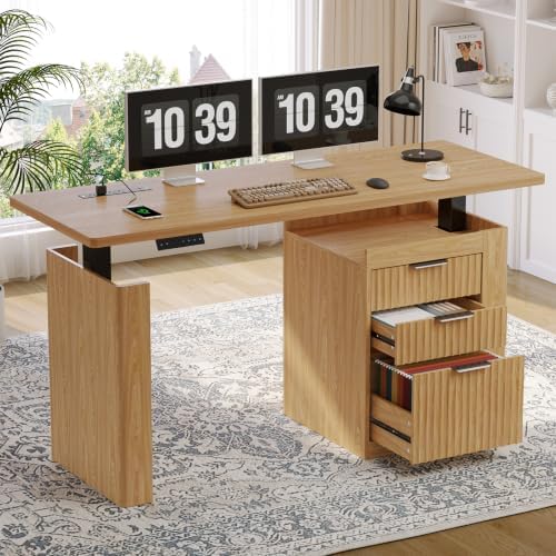 ONBRILL 63" Electric Standing Desk with File Cabinet & Storage, Oak Brown