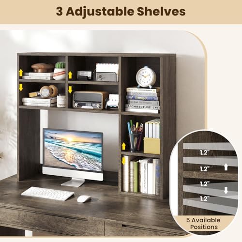 Giantex Desktop Bookshelf, Desk Hutch Dorm w/ 7 Cubes & 3 Adjustable Shelves, Desk Shelf for Up to 27" Computer Monitors, Wooden Desktop Storage Organizer for Dorm College Office Home (Grey Oak)