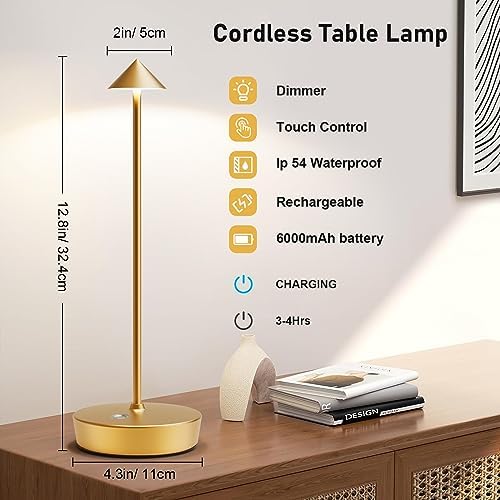 Set of 2 Cordless Rechargeable Led Table Lamp Battery Operated Light Gold
