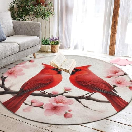Large Home Decor Mat, Soft Round Yoga Carpet, Non Slip Machine Washable Home Office Circle Rug Cherry Flower Floral Blossom Red Cardinal Branch