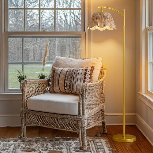 Oneach Boho Floor Lamp with 3 Color Temperatures, Farmhouse Floor Lamps for Living Room with Remote & Dimmable Bulb, Rattan Floor Lamp for Bedroom, Gold