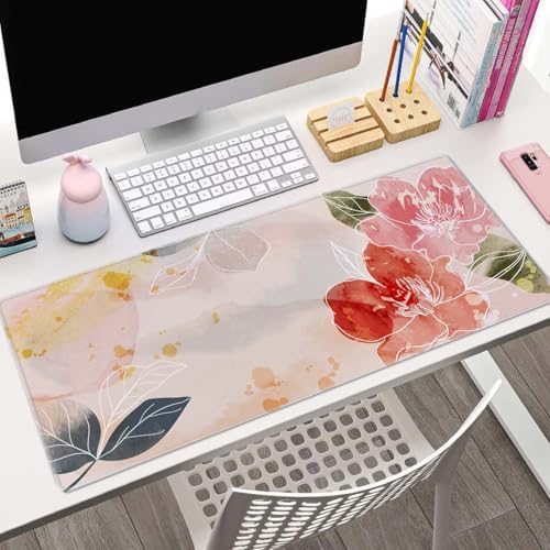 Desk Mat Watercolor Floral Desk Accessories Girls Extended Gaming Mouse Desk Pad Decorations for Women Office Keyboard Mousepad Mat 31.5x11.8in, Stitched Edge Non-Slip Bottom Large Mouse Pad for Desk