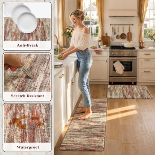 KIMODE Anti Fatigue Kitchen Mats for Floor 2 Piece,Red Brown Farmhouse Rugs