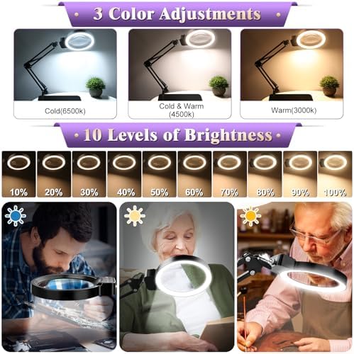 10X 30X Large Magnifying Glass with Light and Stand,Lighted Magnifier