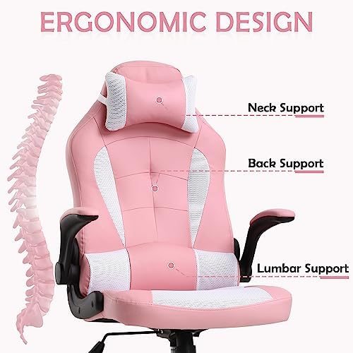 Office Gaming Chair, High Back PU Leather Racing Chair, Comfortable Big and Tall, Height Adjustable Heavy Duty With Headrest & Lumbar Support (Pink)