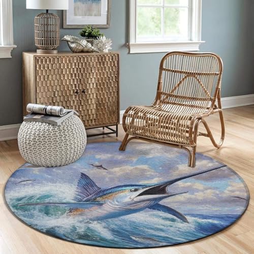 Home Decor Non Slip Kitchen Office Circle Rug, Machine Washable Modern Round Area Rug, Room Sofa Yoga Soft Round Carpet Whimsical Fish Painting, 60inch