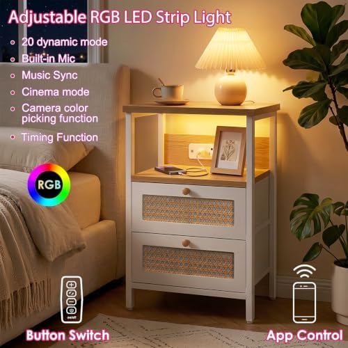 Fixwal Night Stand with Charging Station, Led Nightstand, 2 Fabric Drawers
