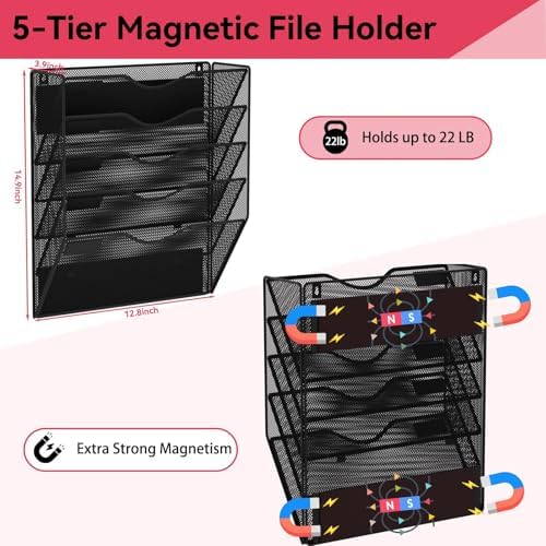 5-Tier Magnetic File Holder, No Drilling Wall File Organizer, File Folder Bins, Mail & Magazine Rack, Magnetic Paper Document Holder for Refrigerator File Cabinets Whiteboard, Black