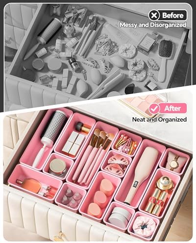 Canfanni 13 Pack Plastic Drawer Organizers Set, 3 Sizes Desk Drawer Organizer Trays for Vanity and Makeup Organizer, Organization and Storage for Makeup, Kitchen Utensils, Bathroom and Office(Pink)