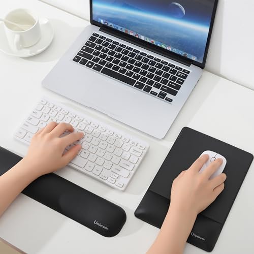 UnivoColors Design-Wave Set of Keyboad Wrist Rest & Mouce Pad,Artificial Sheepskin+Memory Foam+Ergonomic+Anti-Slip Gel, Resilience Support During Work and Gaming,Keyboard Accessory,Black