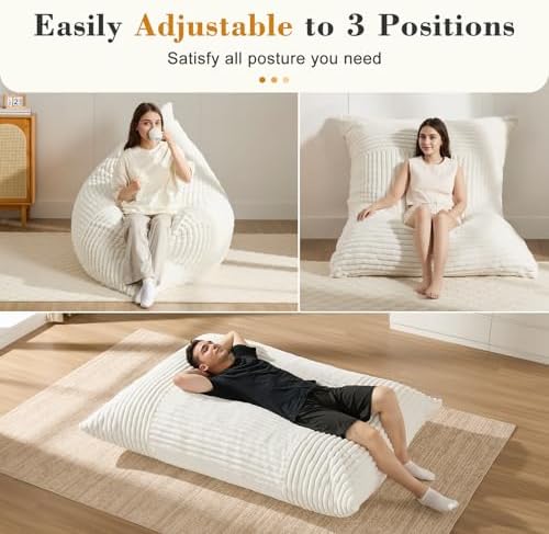 3-in-1 Giant Bean Bag Chair for Adults & Kids, Convertible Floor Sofa to Mattress, High-Density Foam Chair Bed with Washable Cover, Multi Functional Lounge Couch for Bedroom, Living Room (Beige)