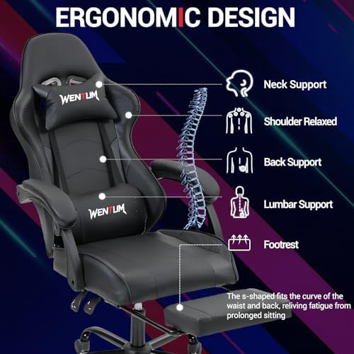Gaming Chair, Video Game Chair with Footrest and Massage Lumbar Support, Height Adjustable Ergonomic Computer Chair with Swivel Seat and Headrest for Home Office Gaming, Black