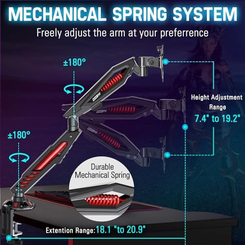 MOUNT PRO Single Gaming Monitor Stand - Mechanical Spring Display Mount, Adjustable Gaming Monitor Arm with C Clamp and Grommet Mounting Base - Fits for Computer Screen up to 32”, VESA 75x75, 100x100
