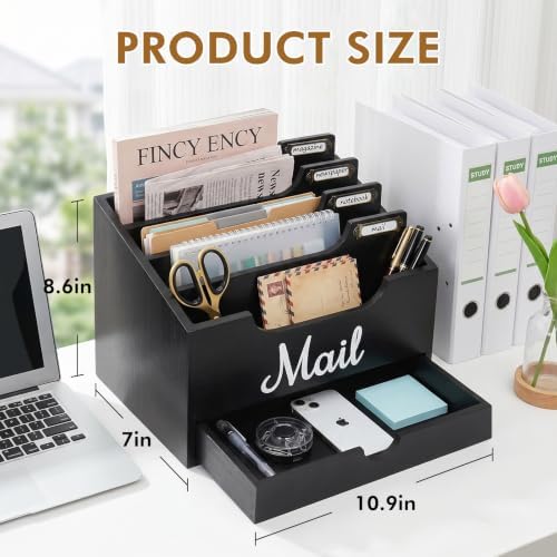 Rustic Wood Mail Organizer Countertop with Drawer, 4-Slot Removable Divider Mail Sorter, Black Desktop Mail Holder, Multi-Functional Bill File Stationary Organizer for Home Office Classroom