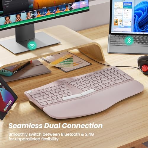 Nulea RT05 Wireless Ergonomic Keyboard, Split Keyboard with Wrist Rest, USB-C Charging, 7-Color Backlight, Natural Typing, Bluetooth and USB Connectivity, Compatible with Windows/Mac(Pink)