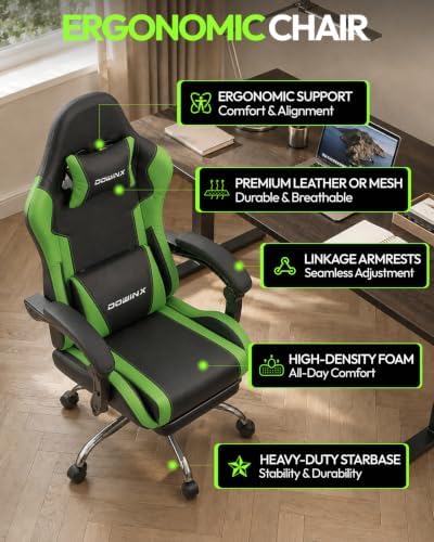Dowinx Ergonomic Gaming Chair with Footrest & Massage Lumbar, 2D-Linkage Armrests for Computer Chair 330lbs with Headrest Pillow for Office, Home, Streaming and Long Gaming Sessions, Green