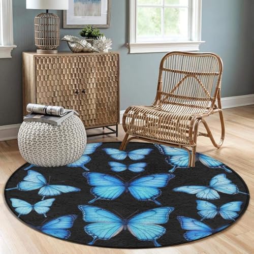 Fashion Round Area Rug Large Non Slip Carpet, Butterfly Blue Unisex Home Decor Mat